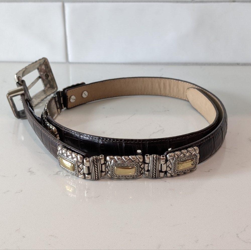 Vintage Brighton Brown Leather Belt with Silver and Gold Accents Size M